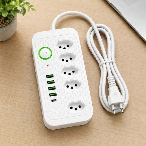 Regua extensao 5 tomadas 4 usb 1 usb c bivolt led 110v220v
