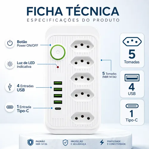Regua Extensão 5 Tomadas 4 Usb 1 Usb-c Bivolt Led 110v/220v