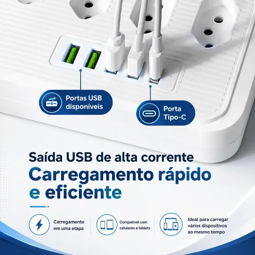 Regua Extensão 5 Tomadas 4 Usb 1 Usb-c Bivolt Led 110v/220v