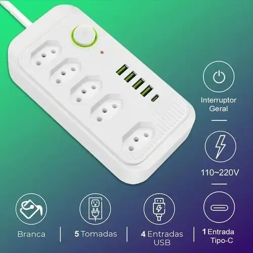 Regua Extensão 5 Tomadas 4 Usb 1 Usb-c Bivolt Led 110v/220v