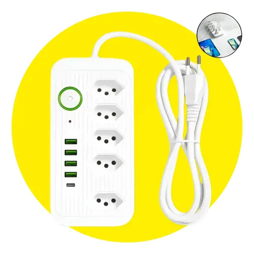 Regua Extensão 5 Tomadas 4 Usb 1 Usb-c Bivolt Led 110v/220v