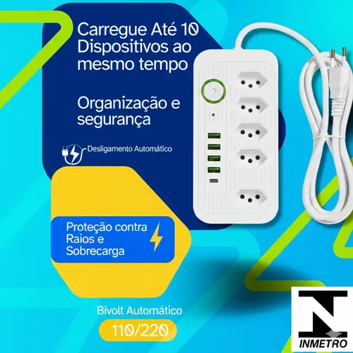 Regua Extensão 5 Tomadas 4 Usb 1 Usb-c Bivolt Led 110v/220v