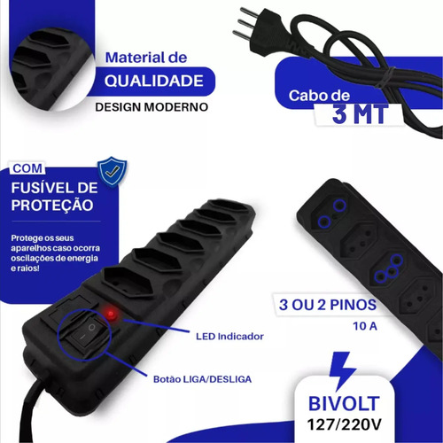 Régua Extensão Elétrica 6 Tomadas Filtro Linha 10a Cabo 3 Metros