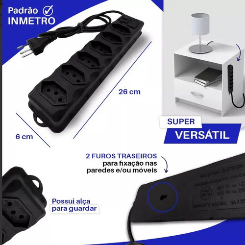 Régua Extensão Elétrica 6 Tomadas Filtro Linha 10a Cabo 3 Metros