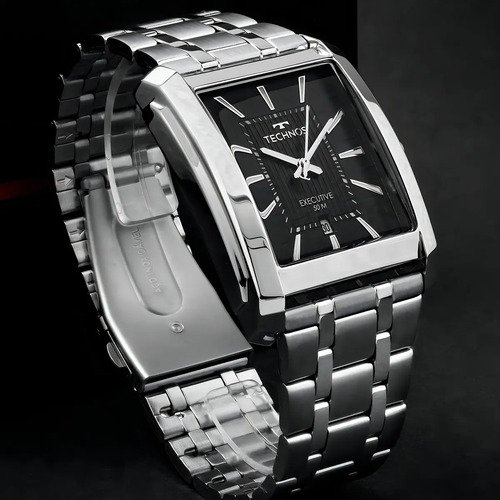 Relógio Analógico Technos 2117LDN/1P Masculino Inoxidável Prata Fundo Preto