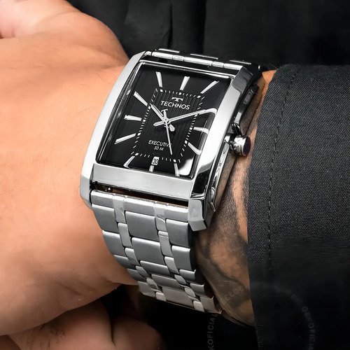 Relógio Analógico Technos 2117LDN/1P Masculino Inoxidável Prata Fundo Preto