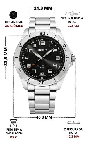Relógio de pulso Orient MBSS1155A com correia de aço inoxidável cor prata - fundo preto