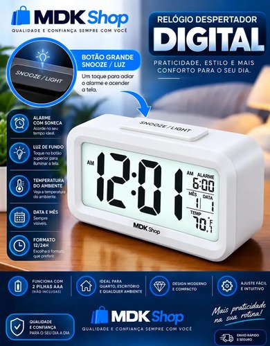 Relógio Digital Despertador Mesa Cabeceira Quarto Idoso Cor Branco MICGEEK