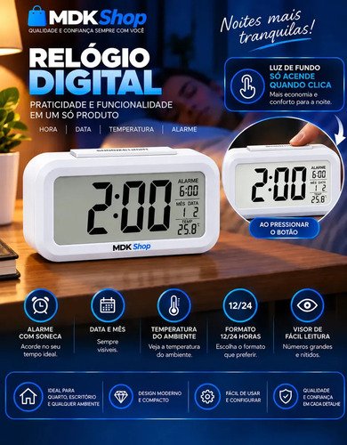 Relógio Digital Despertador Mesa Cabeceira Quarto Idoso Cor Branco MICGEEK