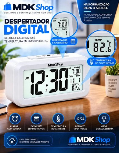 Relógio Digital Despertador Mesa Cabeceira Quarto Idoso Cor Branco MICGEEK