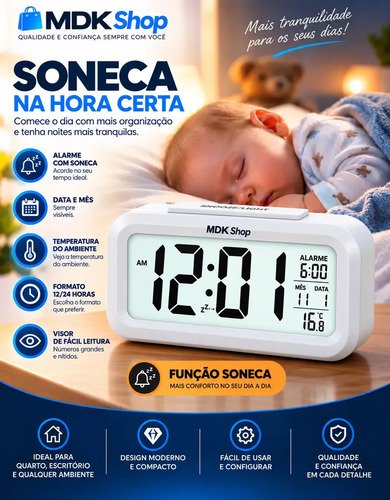 Relógio Digital Despertador Mesa Cabeceira Quarto Idoso Cor Branco MICGEEK