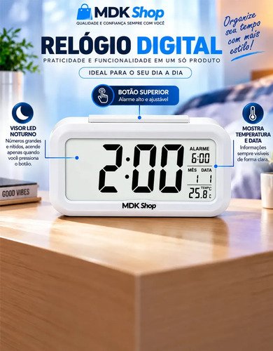 Relógio Digital Despertador Mesa Cabeceira Quarto Idoso Cor Branco MICGEEK