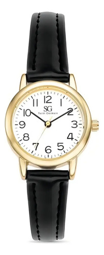 Relógio Feminino Dourado Saint Germain 24mm Correia Preta Caixa Dourada Fundo Branco Elegante Clássico Delicado