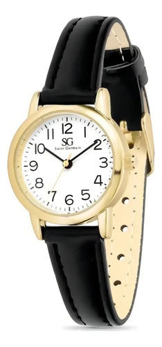 Relógio Feminino Dourado Saint Germain 24mm Correia Preta Caixa Dourada Fundo Branco Elegante Clássico Delicado