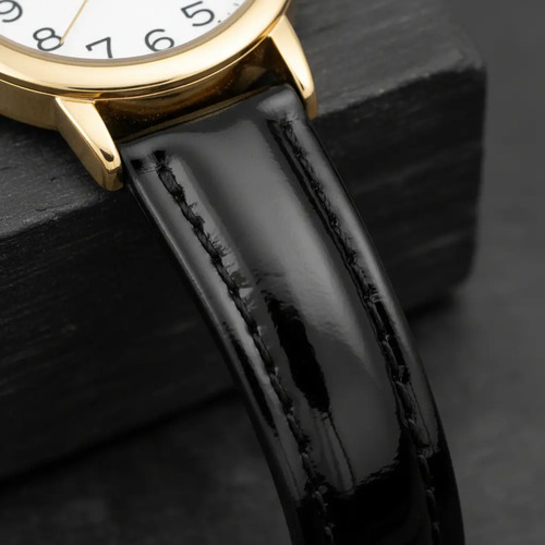 Relógio Feminino Dourado Saint Germain 24mm Correia Preta Caixa Dourada Fundo Branco Elegante Clássico Delicado