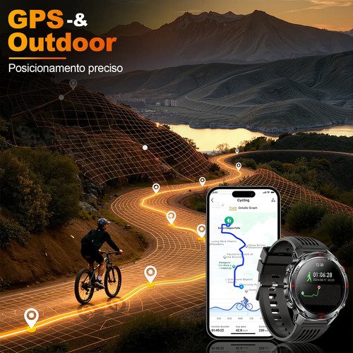 Relógio Inteligente Smartwatch GPS Autônomo À prova d'água 3ATM NOVANTE Masculino Feminino Esportivo Digital 530mAh Preto Bluetooth Chamadas Notificações Instantâneas Android IOS Com Lanterna Bússola