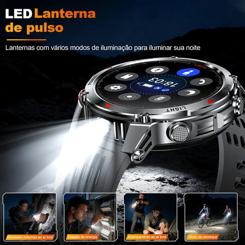 Relógio Inteligente Smartwatch GPS Autônomo À prova d'água 3ATM NOVANTE Masculino Feminino Esportivo Digital 530mAh Preto Bluetooth Chamadas Notificações Instantâneas Android IOS Com Lanterna Bússola