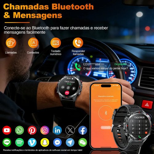 Relógio Inteligente Smartwatch GPS Autônomo À prova d'água 3ATM NOVANTE Masculino Feminino Esportivo Digital 530mAh Preto Bluetooth Chamadas Notificações Instantâneas Android IOS Com Lanterna Bússola