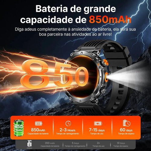 Relógio Inteligente Smartwatch Gps Autônomo IP68 3ATM À prova d'água 850mAh Preto NOVANTE Digital Feminino Masculino Esportivo Android IOS Notificações Instantâneas Bluetooth Chamadas Lanterna Bússola