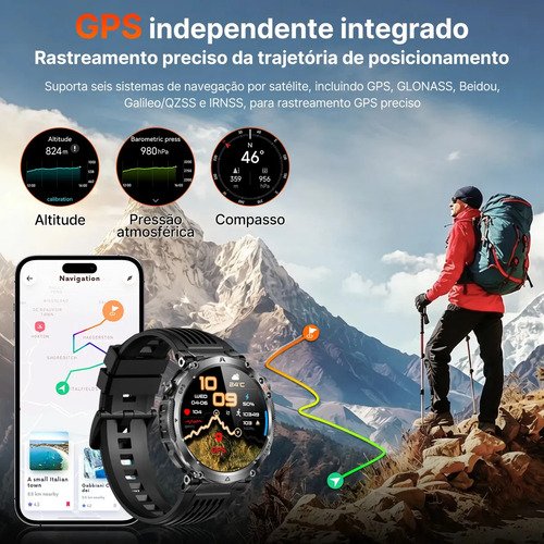 Relógio Inteligente Smartwatch Gps Autônomo IP68 3ATM À prova d'água 850mAh Preto NOVANTE Digital Feminino Masculino Esportivo Android IOS Notificações Instantâneas Bluetooth Chamadas Lanterna Bússola