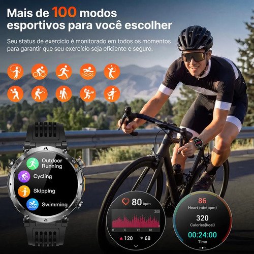 Relógio Inteligente Smartwatch Gps Autônomo IP68 3ATM À prova d'água 850mAh Preto NOVANTE Digital Feminino Masculino Esportivo Android IOS Notificações Instantâneas Bluetooth Chamadas Lanterna Bússola