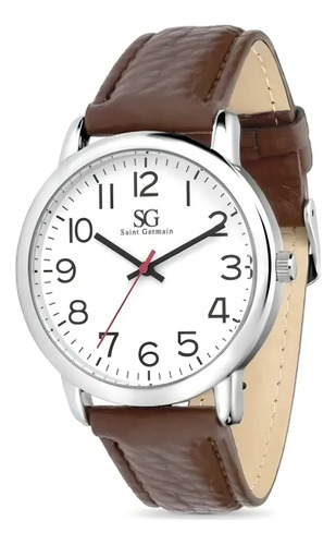 Relógio Masculino Chrowl Prateado Saint Germain Correia De Couro Marrom Caixa Prateada Fundo Branco 40mm Elegante Clássico