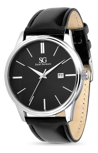 Relógio Masculino Chrowl Saint Germain Pulseira Couro Caixa Prateada Fundo Preto 42mm Clássico
