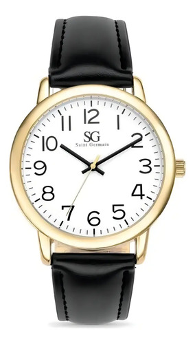 Relogio masculino dourado saint germain correia de couro pre