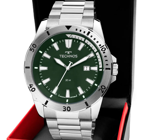 Relogio masculino technos militar fundo verde prateado 2115n