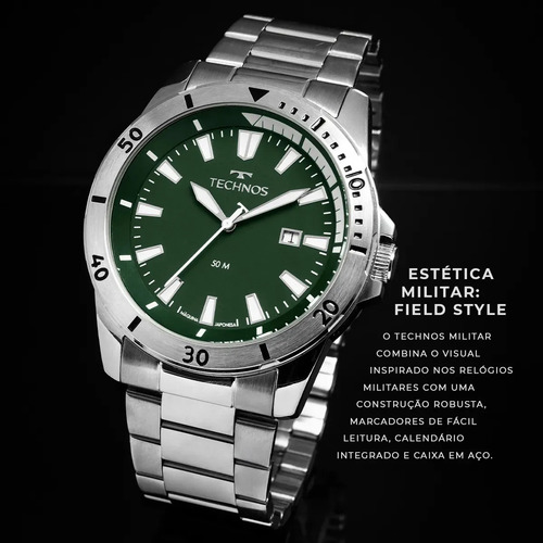 Relógio Masculino Technos Militar Fundo Verde Prateado 2115naq/1v