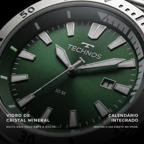 Relógio Masculino Technos Militar Fundo Verde Prateado 2115naq/1v
