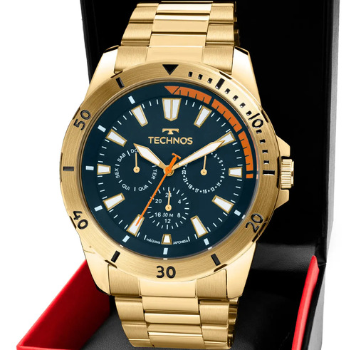 Relogio masculino technos militar multifuncao em aco dourado