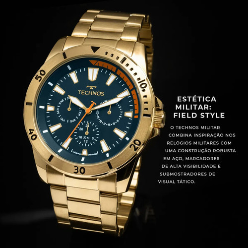 Relógio Masculino Technos Militar Multifunção Em Aço Dourado 6p29amn/1a