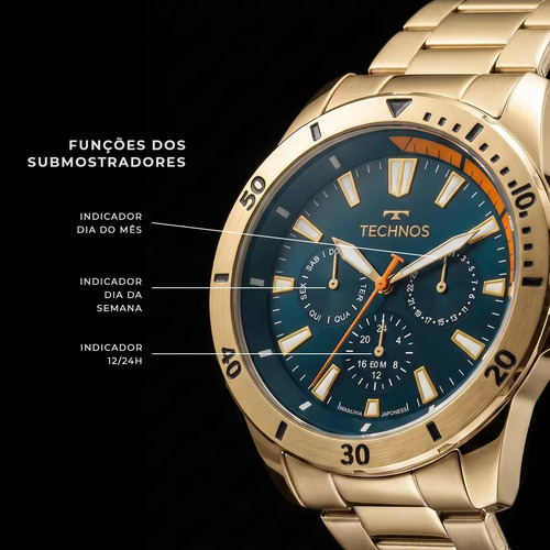 Relógio Masculino Technos Militar Multifunção Em Aço Dourado 6p29amn/1a
