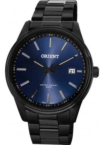 Relogio orient masculino aco preto fundo azul analogico resi