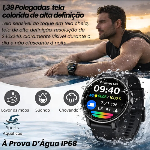 Relógio Smartwatch Inteligente Masculino Ip68 À Prova D'água Notificações Chamadas Bluetooth Saúde Monitoramento De Sono E Esportes Mzcell