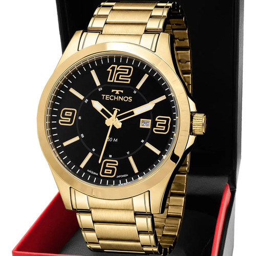 Relogio technos masculino aco inox dourado racer fundo preto