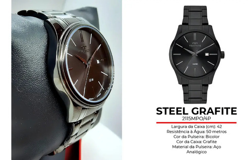 Relógio Technos Masculino Quartzo Grafite 42mm Aço Resistente à Água