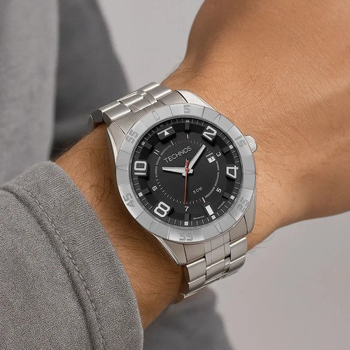 Relógio Technos Racer Masculino Prateado Analógico Quartzo 50M Fundo Preto