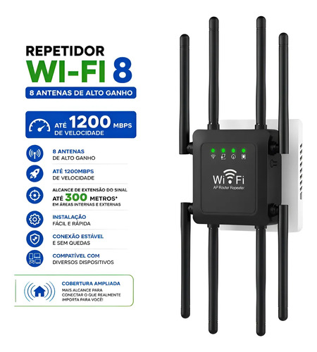 Repetidor de sinal wifi roteador 8 antenas 300mt 1200mpbs