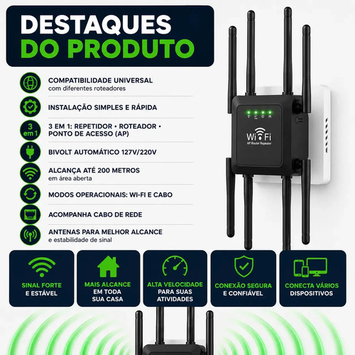 Repetidor De Sinal Wifi Roteador 8 Antenas 300mt 1200mpbs