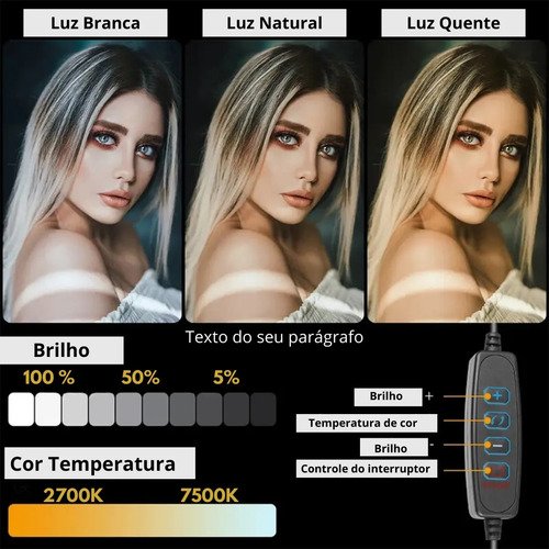 Ring Light LED Lumi de 33cm com Tripé 2,10m e Luz Ajustável para Maquiagem e Vídeos