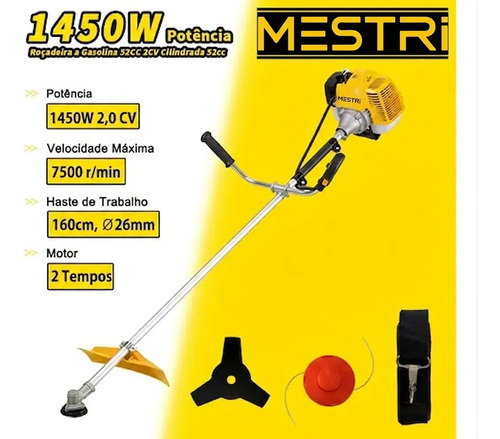 Roçadeira A Gasolina 52cc Lateral 4 Em 1 Capacidade De 1200ml 1450w Com Acessórios Mestri Dw-402