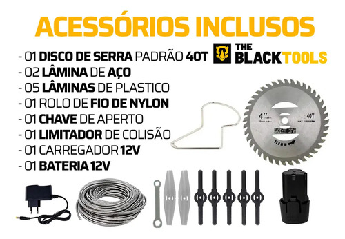 Roçadeira Aparador Grama A Bateria Recarregável 460w Profissional Com Acessórios Tcg12b The Black Tools