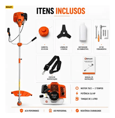 Roçadeira Gasolina Nakasaki 75cc 3,6hp Profissional