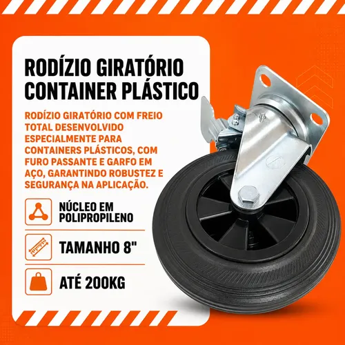 Rodízio Giratório Container Plástico 8 200 Kg Freio Total