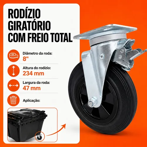 Rodízio Giratório Container Plástico 8 200 Kg Freio Total