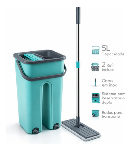 Rodo Flat Mop Limpeza Profissional Com Refil Mopi Com Balde