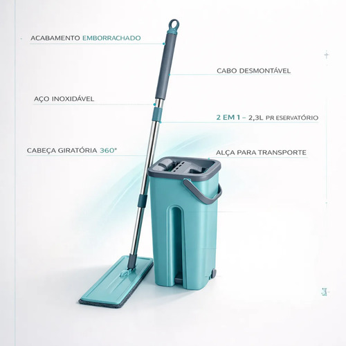 Rodo Flat Mop Limpeza Profissional Com Refil Mopi Com Balde