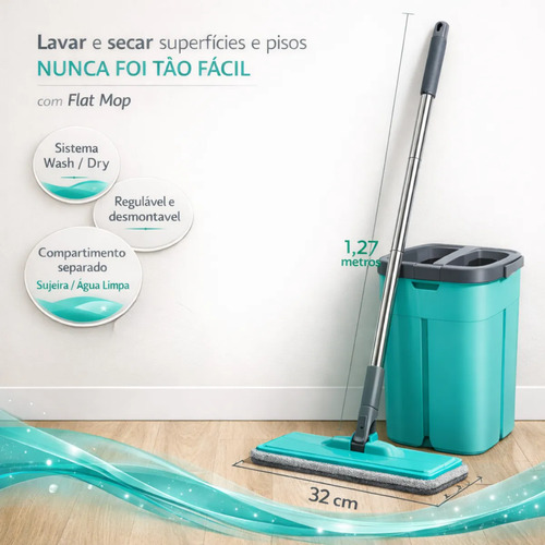 Rodo Flat Mop Limpeza Profissional Com Refil Mopi Com Balde